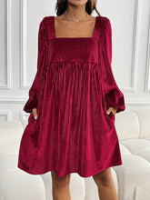 Pockets Solid Color Split-Joint Velvet A-Line High Waisted Square-Neck Mini Dresses